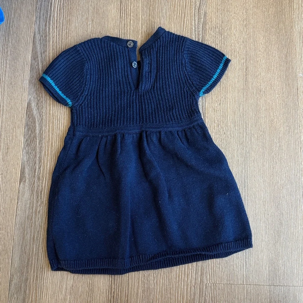 Jacadi navy ribbed cotton wool blend bow embellished teal trim dress - 6months
